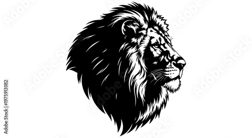 Majestic Lion Head Profile Black and White Illustration.