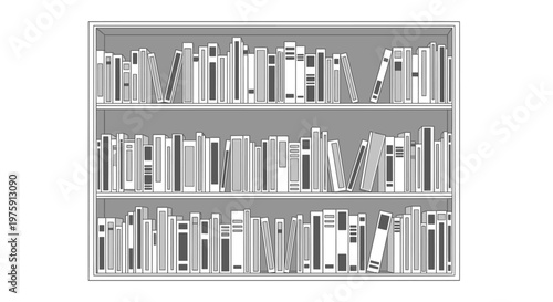 Library Bookshelf with Rows of Books - Black and White Illustration