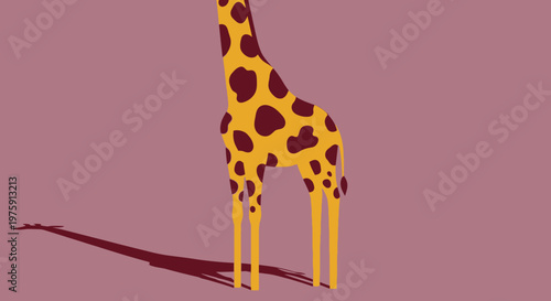Stylized giraffe illustration with long neck on pink purple background.