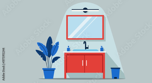 Modern bathroom interior illustration featuring a red vanity, blue accents, and potted plants in a minimalist setting.