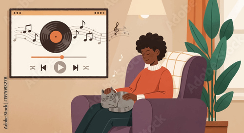 Cozy living room scene with a person relaxing beside plants and a music themed artwork on the wall.