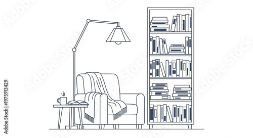 Cozy Reading Nook: Armchair, Bookshelf, Lamp, and Coffee - Line Art Illustration