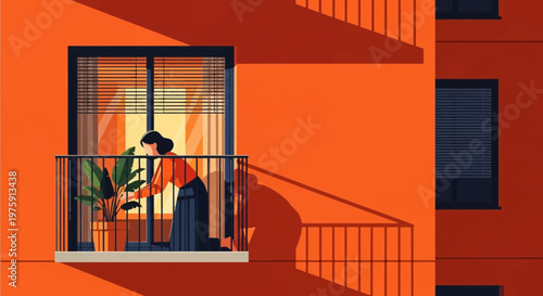 Person on a bright balcony against a vibrant orange building, captured in a calm urban scene.