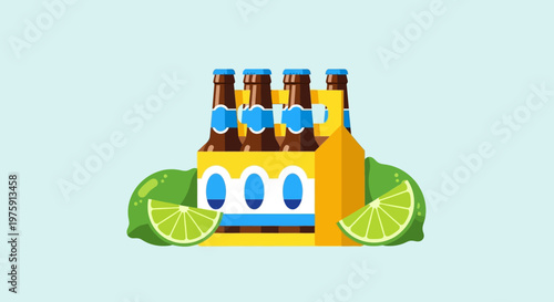 Carton of bottled beers with lime slices on a pastel blue background illustrating a refreshing drinks scene.