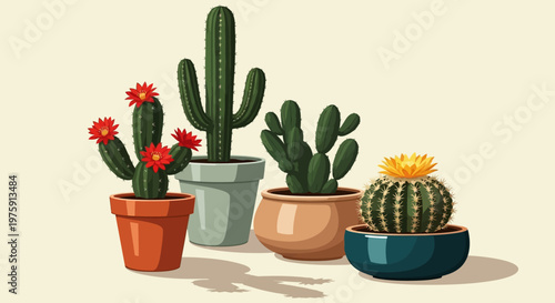 Assorted potted succulents and cacti in colorful ceramic and terracotta pots forming a compact indoor plant display.