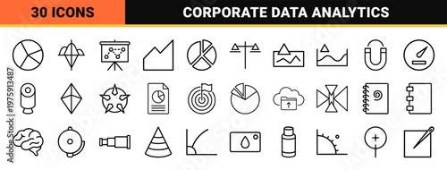 Minimalist business and office analytics outline icon set