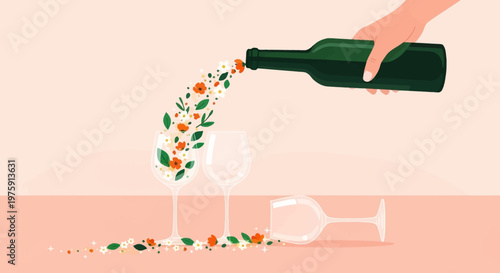 Wine Pouring Over Glasses: A Cozy Table Scene with Garnish and Glassware.