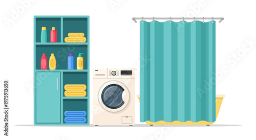 Compact laundry nook with shelves, detergent, towels and a washing machine in a tidy utility space.