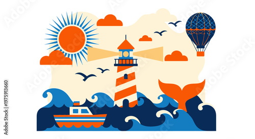 Coastal Seascape with Lighthouse, Sailboat, and Balloon Over Waves at Sunset over the Horizon.