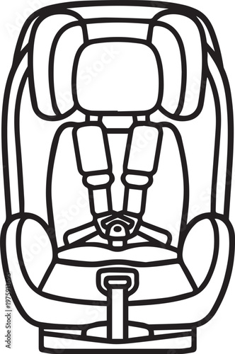 A line drawing of a forward-facing child safety seat, designed to safeguard young passengers in a motor vehicle.