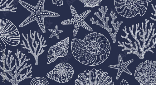 Underwater pattern featuring starfish, seashells, corals on a deep blue background design.