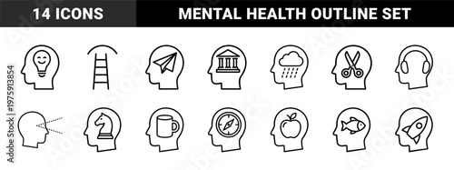 Mental health and cognitive brain function line icons set