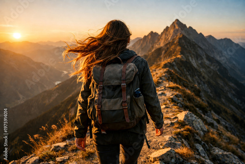 Woman Hiking on Mountain Ridge at Sunset