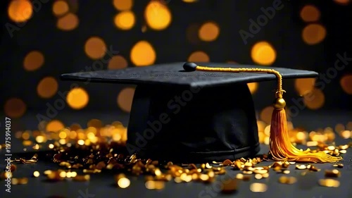 Slow motion falling bright lights on black graduation hat with tessel on black background. Theme of graduation concept