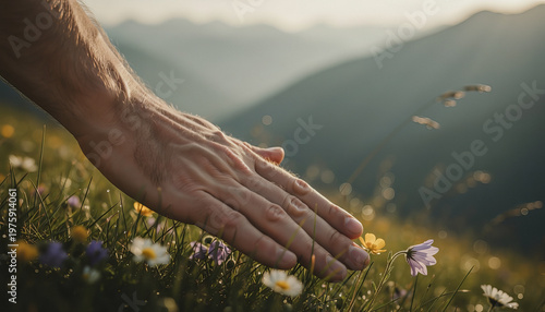 A man's hand touches flowers in a meadow.