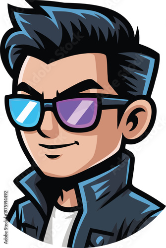 Stylized cartoon man wearing sunglasses and a jacket slicked dark hair cool guy sunglasses portrait character illustration outerwear confident shoulders lifestyle individuality