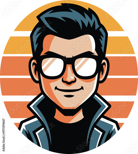 Cartoon man with dark hair and glasses against a sunset background portrait character illustration confident lifestyle background attractive handsome individuality attitude silhouette
