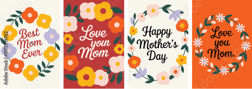 Colorful mother's day greeting cards with floral and sun motifs