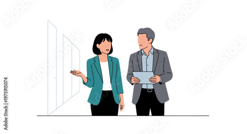 Businessman and businesswoman having a professional discussion in the office, flat vector illustration.