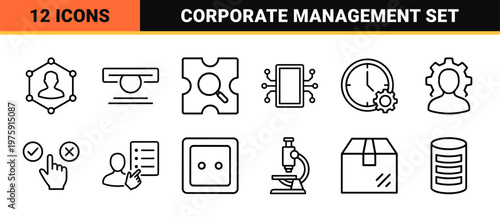 Minimalist business and finance icon set with data research and teamwork symbols.