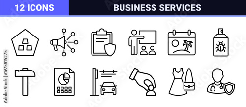 Professional business services and commercial line icon set for industries.