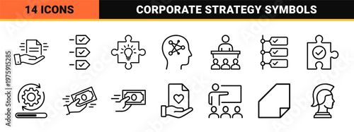 Corporate business and fintech outline icon set