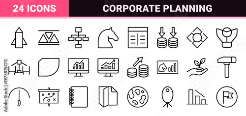Business strategy line icon set for management and corporate planning.