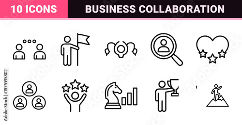 Business teamwork and corporate collaboration line art icon set.