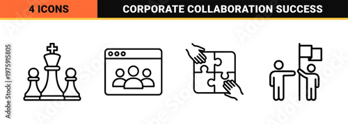 Minimalist business teamwork and corporate leadership line icons on grid