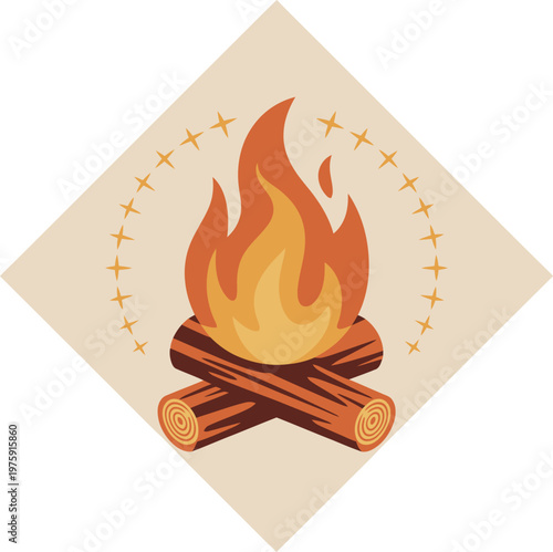 Diamond shape emblem with a stylized campfire and decorative border campfire outdoors illustration adventure exploration gathering celebration abstract folklore