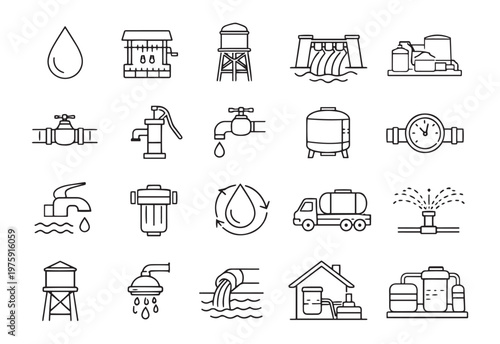 water infrastructure plumbing system and supply editable line icons vector