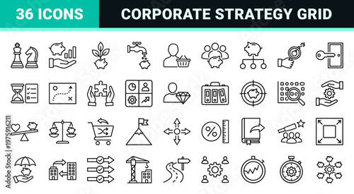 Minimalist business value and corporate strategy line icons