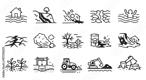 natural disasters environmental crisis and climate change line icons vector