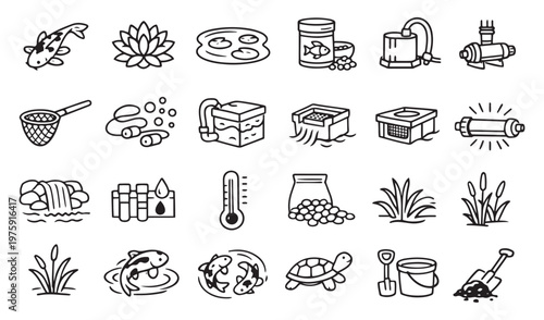 pond care fish keeping and water gardening line icons vector