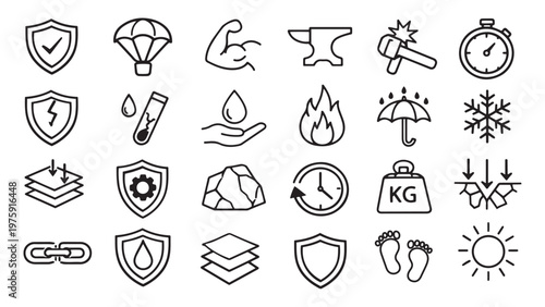 material properties durability and protective quality line icons vector