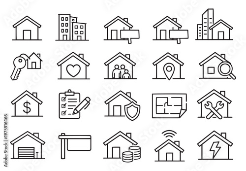 real estate housing and property management line icons vector
