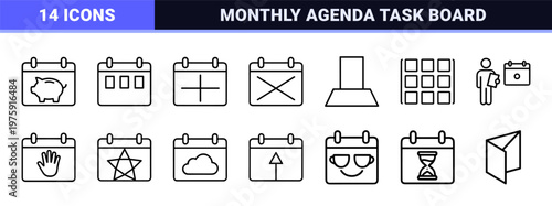 Minimalist calendar and scheduling time management outline icons