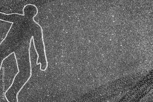 Konstfotografi Chalk body outline on dark asphalt with visible tire skid marks