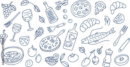 Hand drawn Mediterranean food set with traditional dishes and ingredients, healthy cuisine collection vector illustration isolated on white background