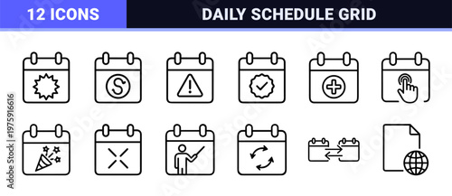 Calendar and scheduling outline icon set for professional time management and event planning.