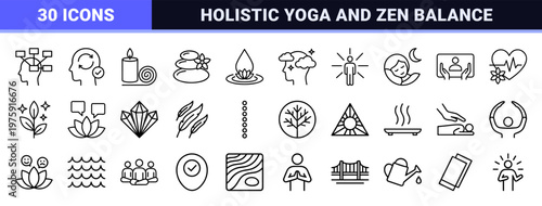 Meditation and wellness line icons for mindfulness and yoga.