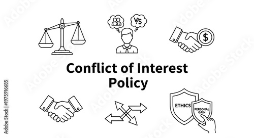 Concept illustration of "Conflict of Interest Policy" with business ethics and integrity icon set.