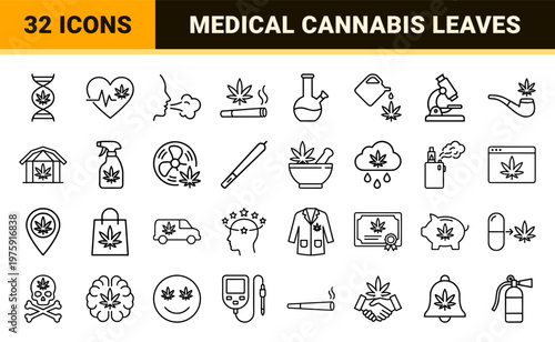 Medical cannabis and marijuana line icons.