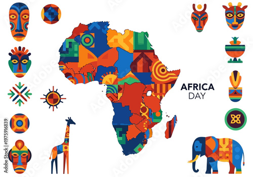 Vibrant African Map with Traditional Masks and Wildlife for Africa Day.