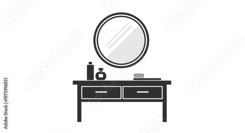 Vanity Table with Mirror, Perfume Bottles, and Hairbrush - Clean Line Art