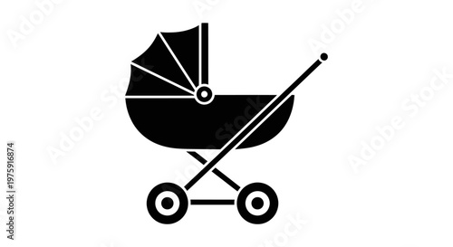 Classic Baby Stroller Icon, Silhouette of a Pram on White Background