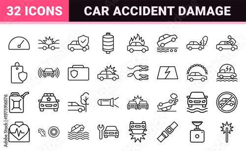 Vehicle insurance and car accident minimalist outline icon set for claims and safety