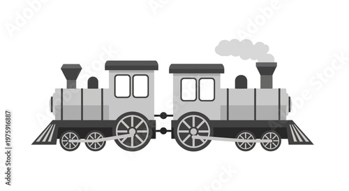 Two vintage steam trains connected on white background, black and white illustration
