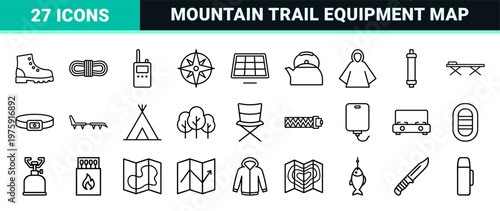 Minimalist outdoor camping and hiking line icons