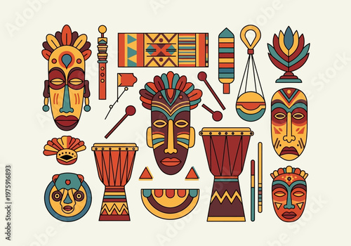 Vibrant Collection of African Tribal Masks and Drums Art.